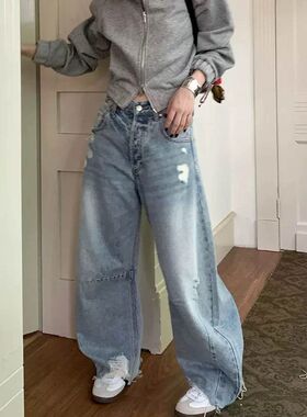 美式纯棉cleanfit天蓝色小众设计师弯刀休闲直筒水洗牛仔裤潮