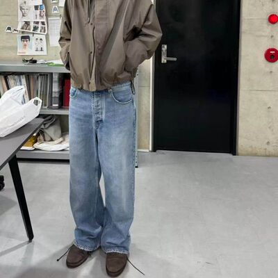 VUJADE009纯棉美式cleanfit复古vibe蓝色做旧水洗直筒牛仔裤潮