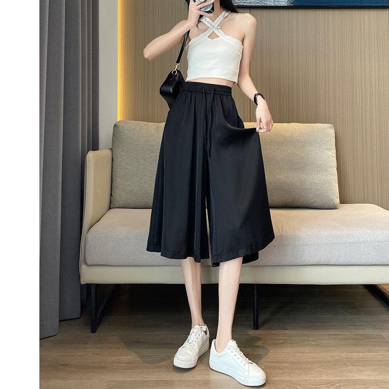 冰丝缎面腿裤高腰显垂感裙裤夏阔季薄新瘦款设T8618计感宽女松休