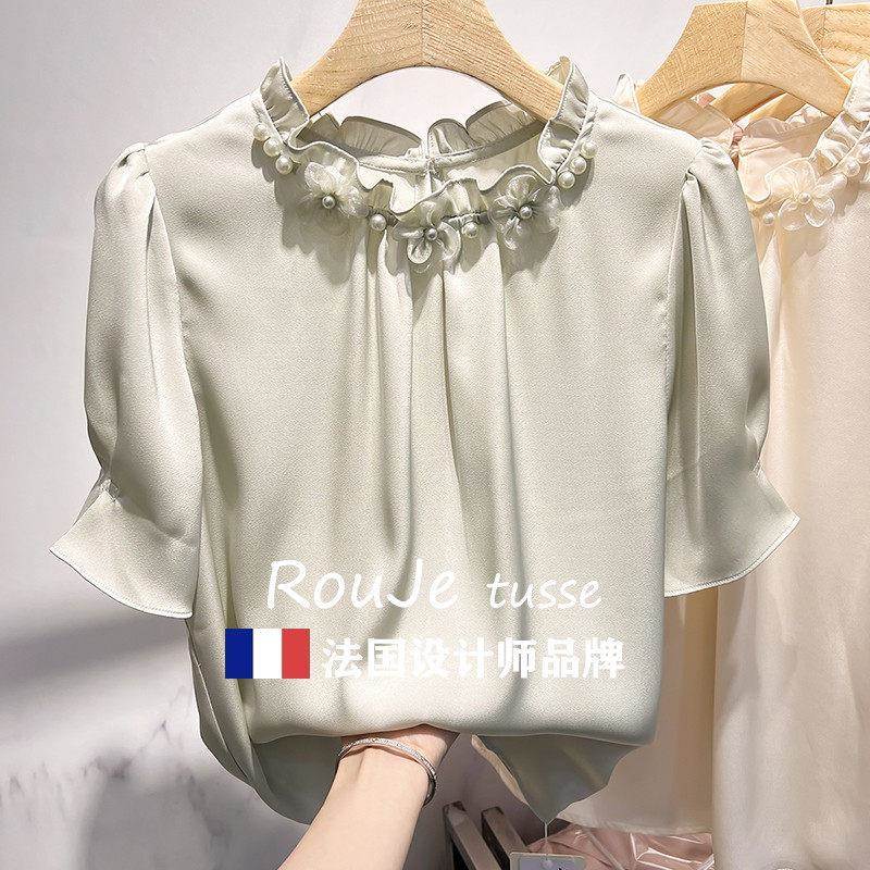 钉法国Rouje tuss夏季气女质纯色立领花e朵珠套头短袖雪纺7106812