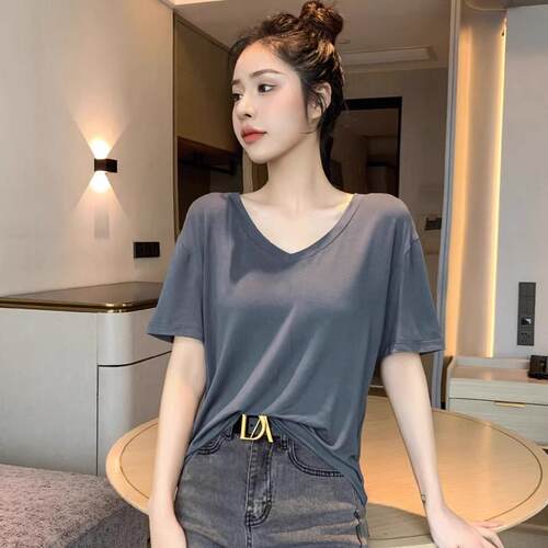 莫针代尔v领织短袖恤女2026款春夏新L58122F薄款宽松百搭纯欲T辣
