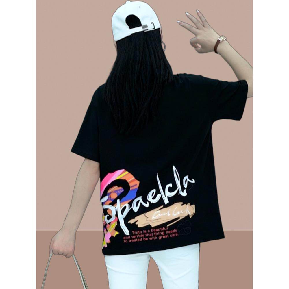 潮牌2025夏女装新款女士纯棉短袖t恤中长款上衣流行爆款后背图案