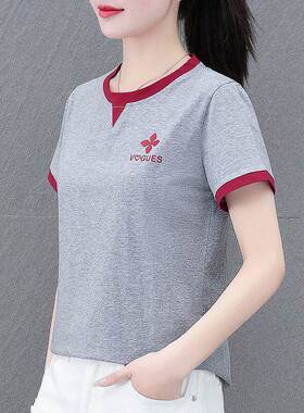 潮W-RDLP23牌纯棉中年休女士短袖T恤女夏新女款宽季松闲妈妈装圆