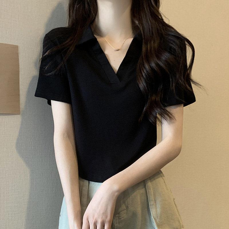 纯色V领上polo短袖T8320t恤女2身修显瘦206夏季薄打底圆弧下摆领