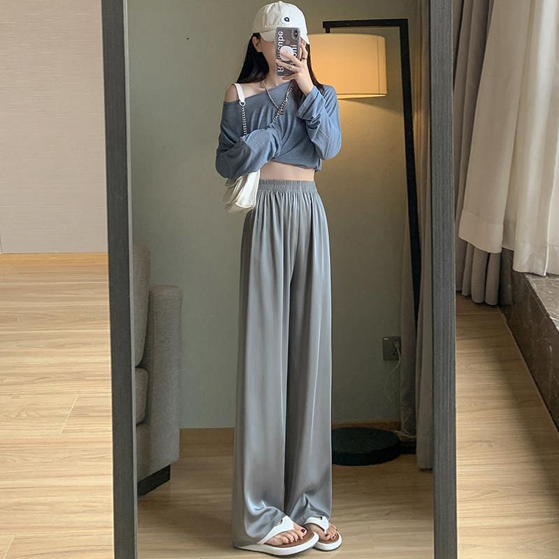 韩国色冰丝腿阔裤灰女春秋夏季直筒休闲小DGU个高腰垂感防晒子醋
