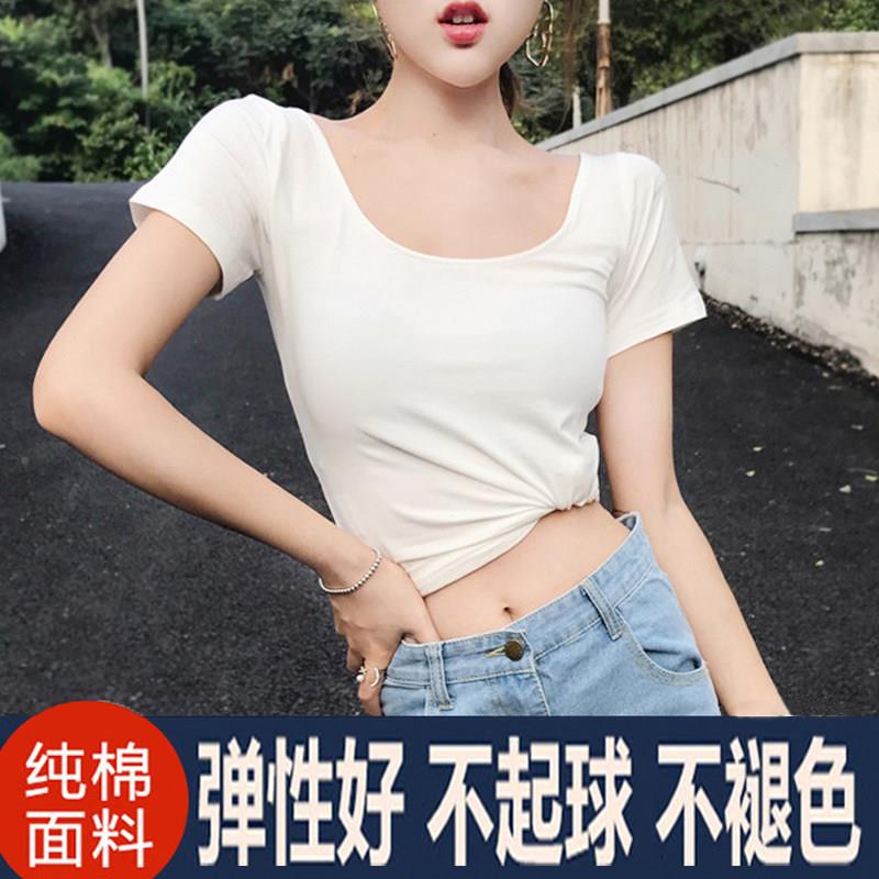 A6049黑色u领瘦露背短袖t恤女夏修上身显短袖方领口尚紧身衣2时02