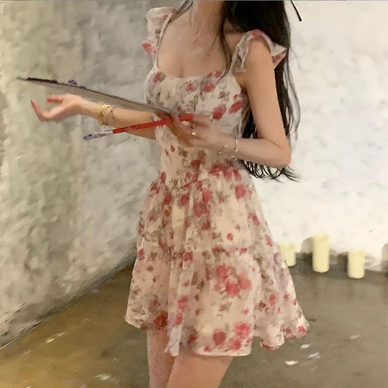 224新款纯欲碎220321花装女夏季新款式小众雪纺0收腰法甜美吊带裙
