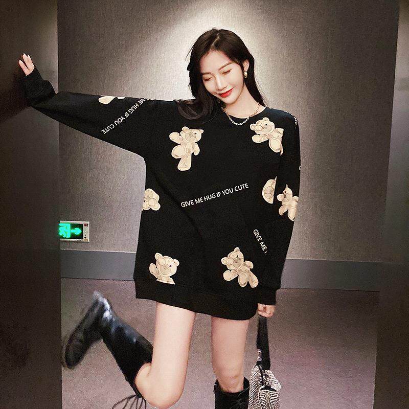 韩国20252426春秋新恤熊厚棉T女长袖印大花T中长版尺码情小侣男外