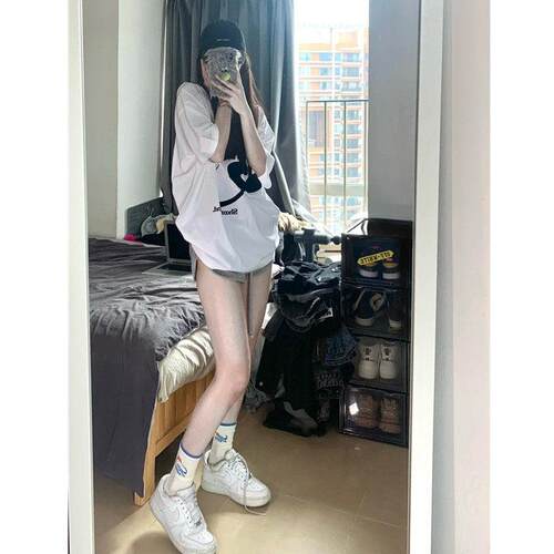 韩86786546国2025春夏新正肩短袖t恤女别众致式美宽松上衣n服中长
