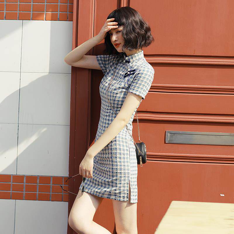 2025年夏季格子旗袍年轻款少女改良素雅复古连衣裙小个子短款女装