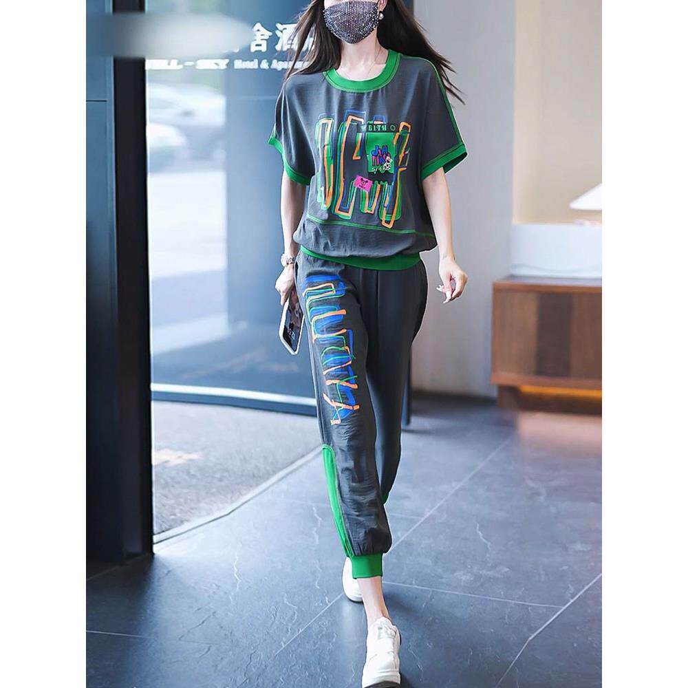 潮牌夏季新款大码休闲运动套装女装时尚百搭短袖T恤九分裤两件套