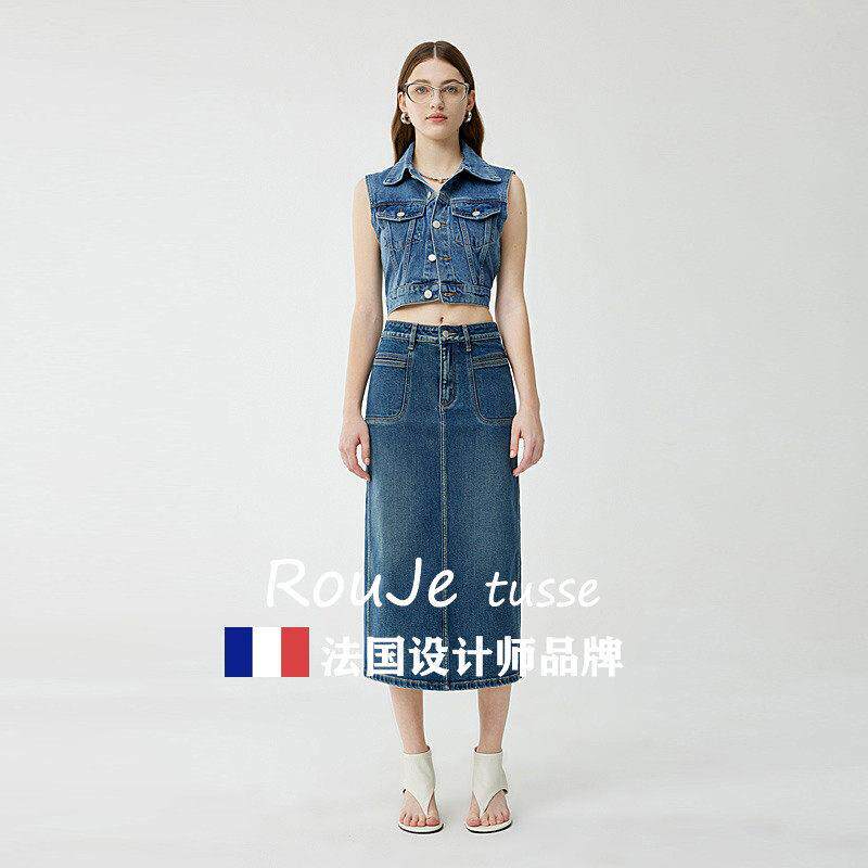 法国Rouje tus系新塘se秋字季浅色牛仔A裙宽松拼接纯棉女洗水中长