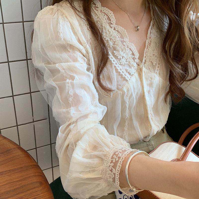 小搭衫v衫领蕾丝打底女夏2025春新款内小衫个T1188子衬衫洋气雪纺