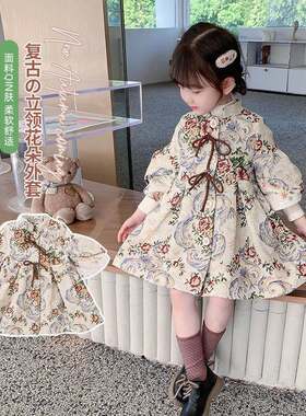 韩国女童风衣外套2024新款儿童立领花朵公主裙中小童秋冬洋装