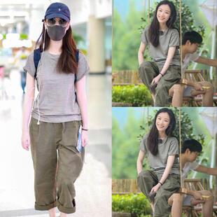 025闲夏季新款韩版灰色短2RSP袖T恤女军色宽松阔腿绿休九分裤