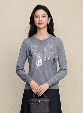 春季新款钉珠亮片圆领长袖毛衣女