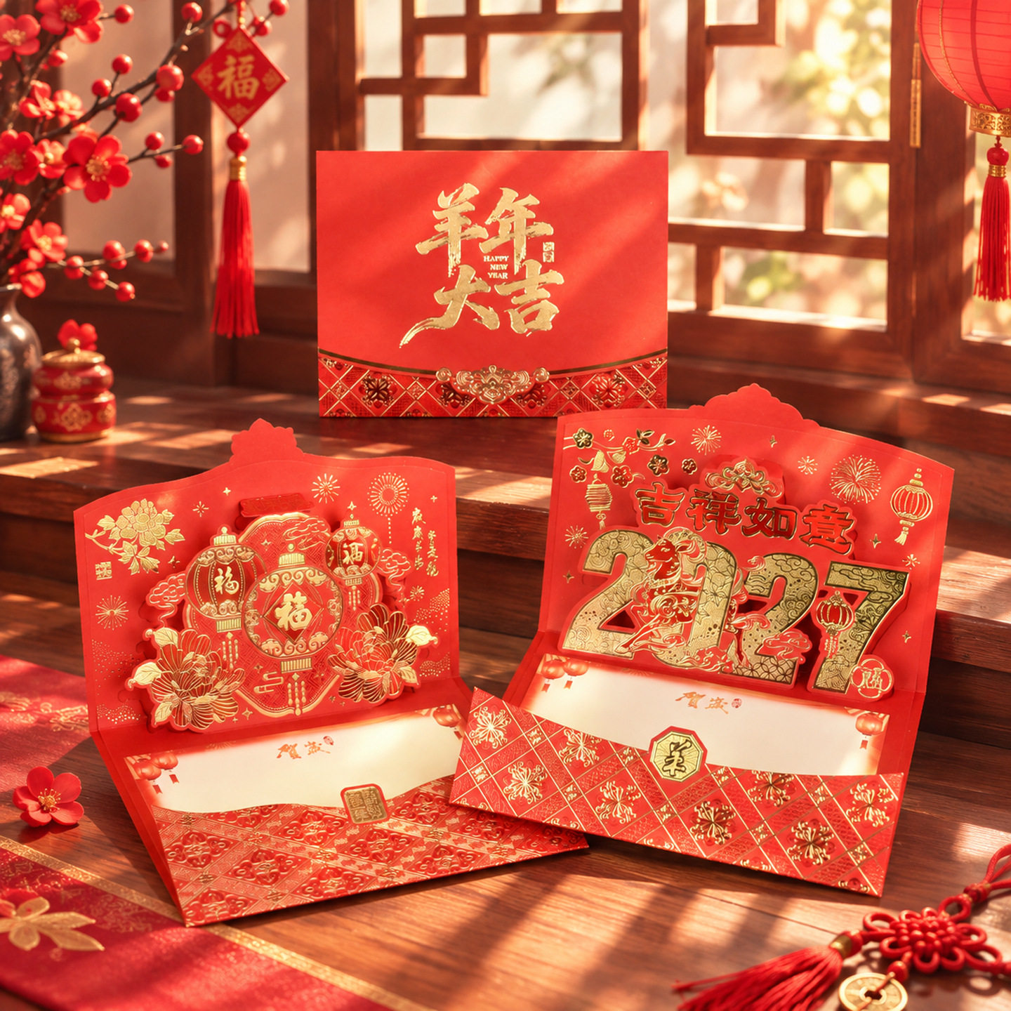 中国风2027羊年卡片高档烫金创意新年立体贺卡商务元旦新春贺年卡