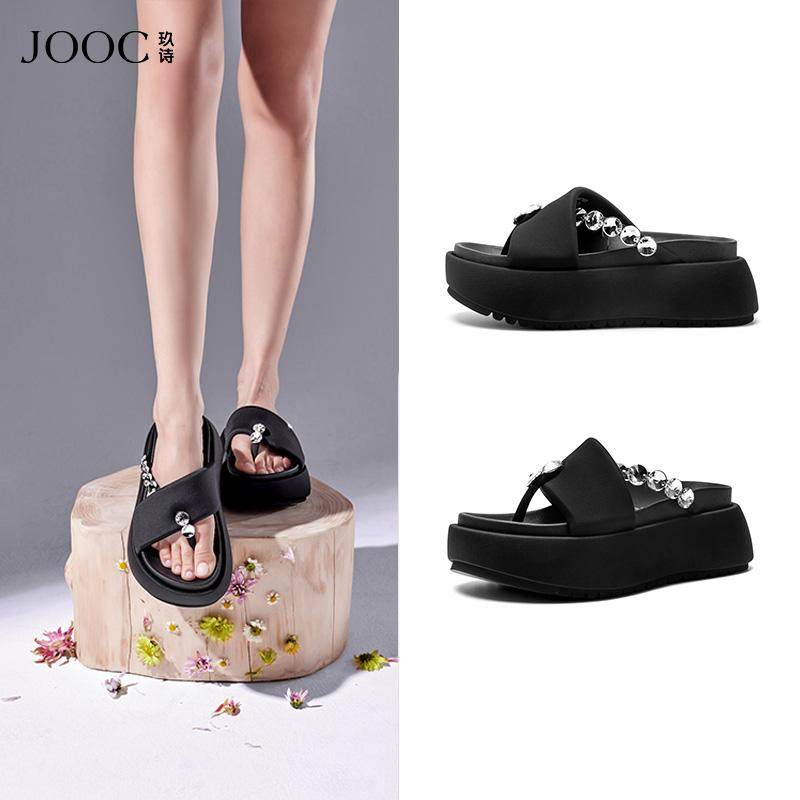 JOOC玖诗休闲增高凉拖女新款夹趾性感人字拖外穿厚底拖鞋黑色7387