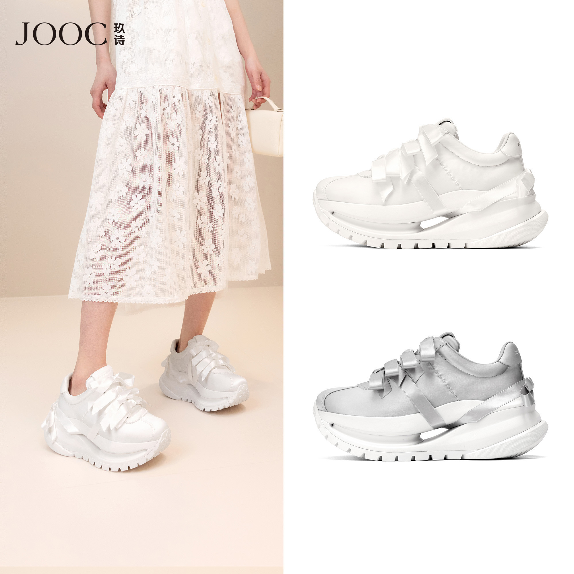 【高质甜心】JOOC玖诗蝴蝶结丝带阿甘鞋女夏季新款通勤松糕小白鞋