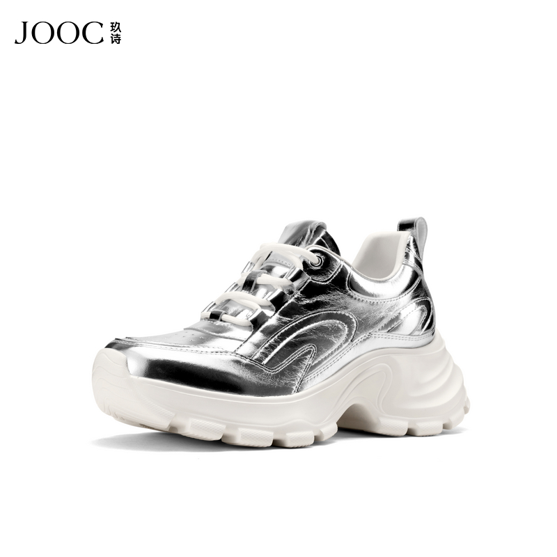 【空灵电音】JOOC玖诗银色老爹鞋女2025秋冬新款真皮时尚运动鞋子