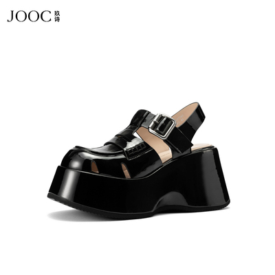 【艺术巴黎】JOOC玖诗厚底休闲鞋女2026春夏新款黑色真皮后空凉鞋