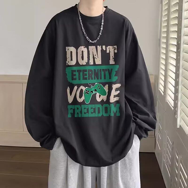 2026新款春秋长袖薄款落肩袖字母印花卫衣宽松男款春季基础大众