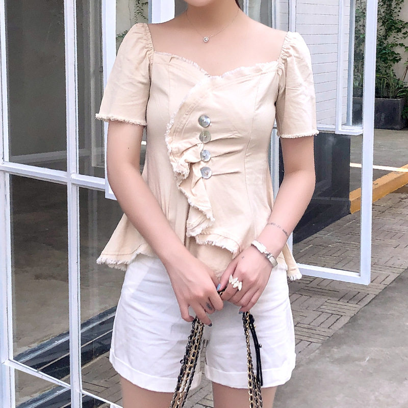 积雨一字肩褶皱修身上衣2019女装夏季新款小心机chic港风衬衫女|ruв категории Женская одежда, рубашка - от Buy2taobao.com для оказания профессиональной услуги покупки агента Taobao