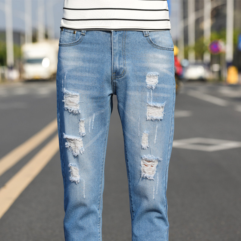 现货主推破洞牛仔裤九分裤男女中性宽松乞丐裤夏薄K66-P28,男装牛仔裤,星座205-2