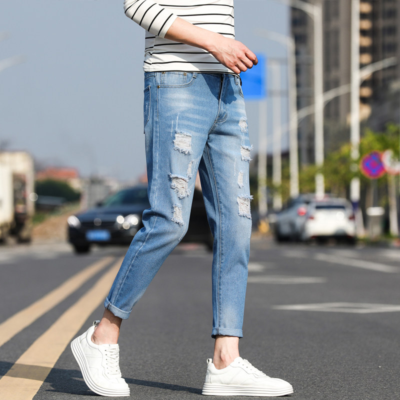 现货主推破洞牛仔裤九分裤男女中性宽松乞丐裤夏薄K66-P28,男装牛仔裤,星座205-2