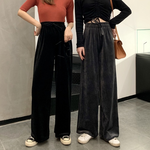 Real shooting spring and autumn elastic waist large loose high waist hanging feeling velvet wide leg floor dragging leisure pants