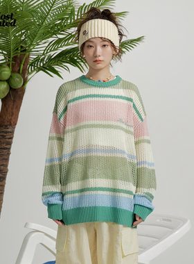 mostwantedlab夏威夷条纹镂空针织毛衣休闲情侣圆领套头上衣
