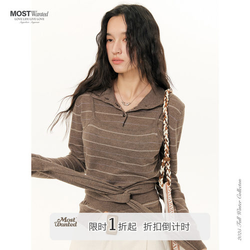 mostwanted 条纹假两件轻薄毛衣开衫miu系高智风收腰混纺针织衫26