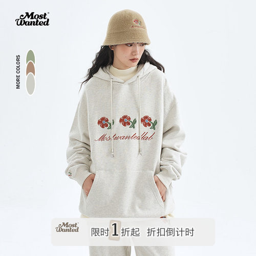 mostwanted小花刺绣纯棉套头连帽卫衣