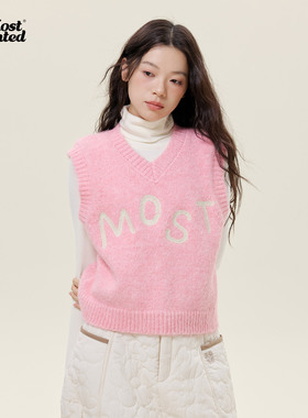 mostwantedlab字母毛线绣V领马甲百搭针织毛衣上衣