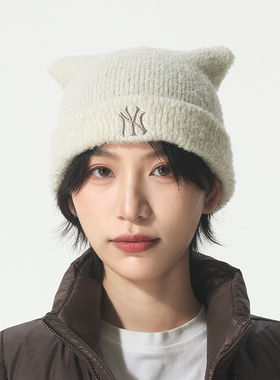 正品新款MLB简约LOGO保暖纯色卡通耳朵童装少年绒线帽毛线帽FBNB