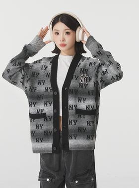 新款正品MLB撞色老花保暖时尚男女运动休闲针织开衫外套AKCM