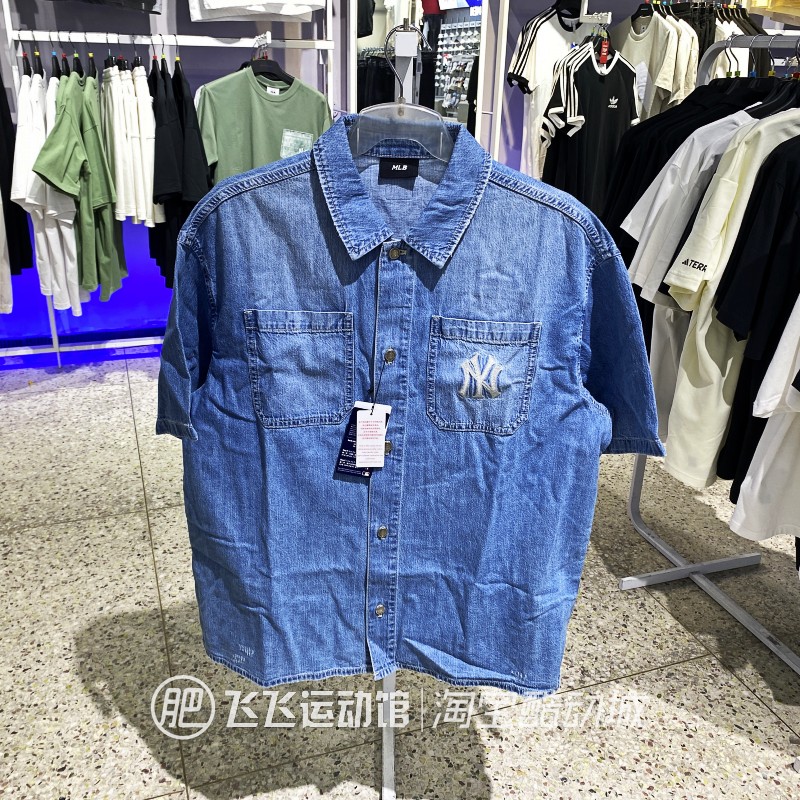 正品MLB翻领短袖牛仔衬衫T恤