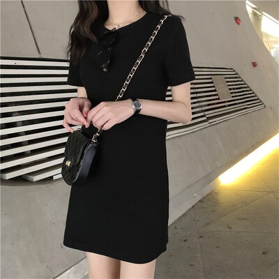 夏装纯色高弹修身小个子中长款短袖T恤女裙子收腰显瘦打底上衣服