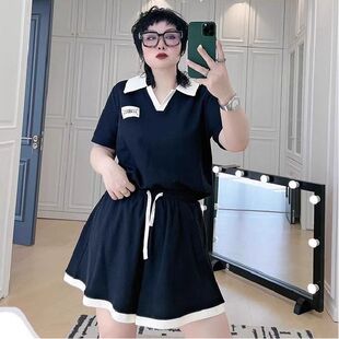 胖mm大码300斤宽松时尚减龄显瘦运动套装百搭polo衫短袖阔腿短裤