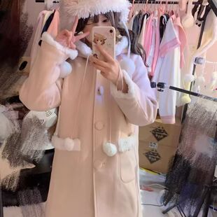 加绒加厚粉色连帽拼接白绒边甜美学院风中长款毛呢外套女冬季大衣