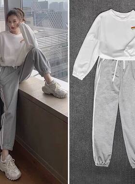 春秋新款运动服套装女韩版洋气宽松彩虹卫衣休闲哈伦裤两件套