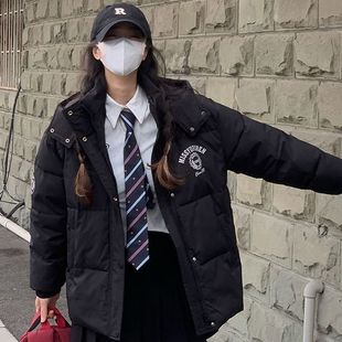 学院风黑色短款羽绒棉服大衣jk制服套装秋冬加厚保暖棉袄中长外套