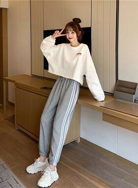 春秋新款运动服套装女韩版洋气宽松彩虹卫衣休闲哈伦裤两件套