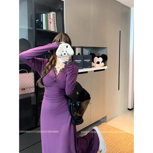修身 御姐蕾丝边紫色连衣裙女冬季 加绒内搭包臀裙长裙 法式 2025新款