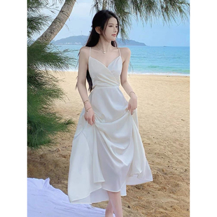 双层有里布 女性感露背蝴蝶结白中长裙2024夏抖音爆款 吊带连衣裙