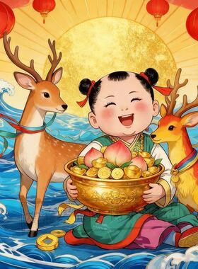 福娃年画招财童子自粘贴画装饰门窗冰箱走廊餐厅墙上麒麟锦鲤海报