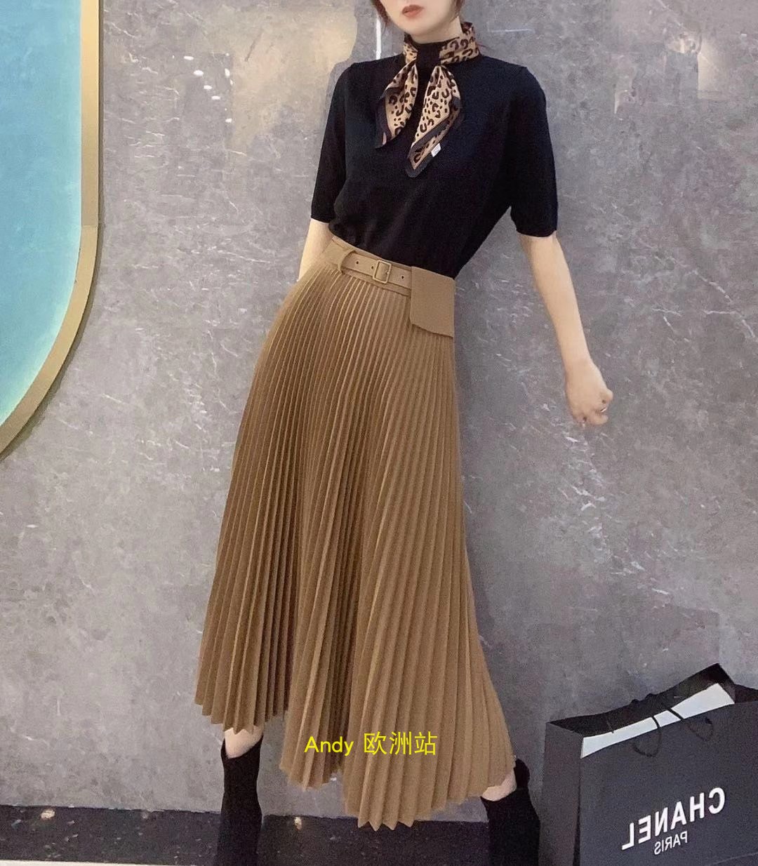 欧货欧洲站2025韩版春秋高腰显瘦拼皮带垂感百褶裙半身裙中长款女