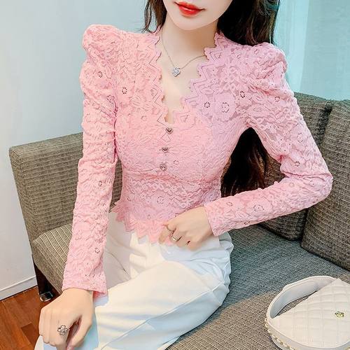 2025秋冬新款V领泡泡袖洋气小衫修身内搭蕾丝打底衫辣妹小众设计