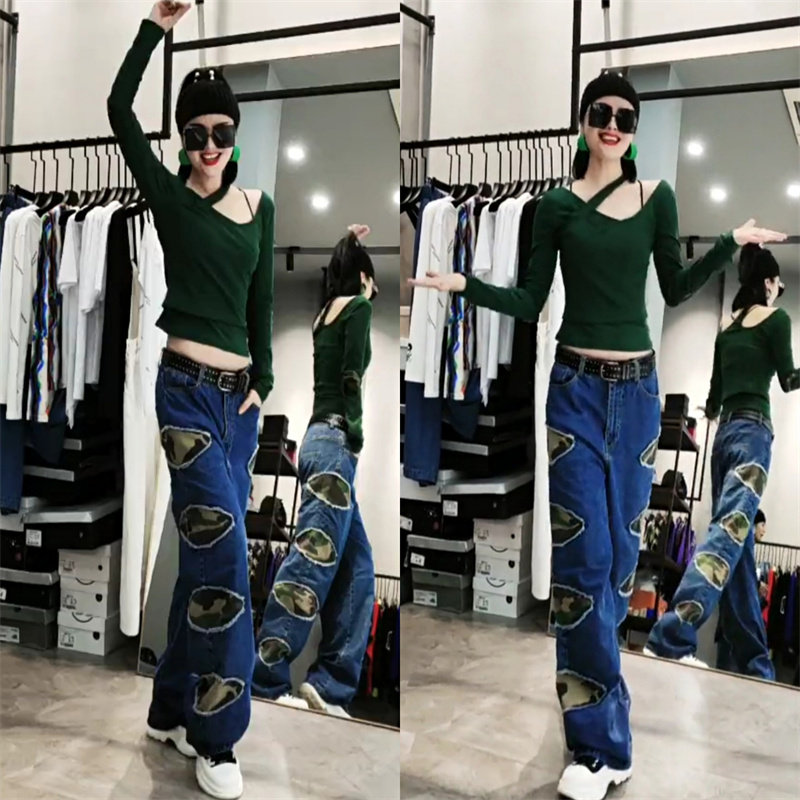 抖音苍南县王丽雪服装店同款新女潮流气质时尚绿不规则领t恤裤子