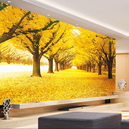 中式3d立体金黄树木小道无缝壁画自然风景客厅沙发电视背景墙纸